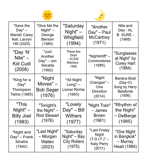 SONGS WITH "DAY OR NIGHT" IN THE TITLE Bingo Card