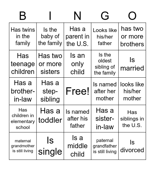 FAMILIES: Find Someone Who... Bingo Card