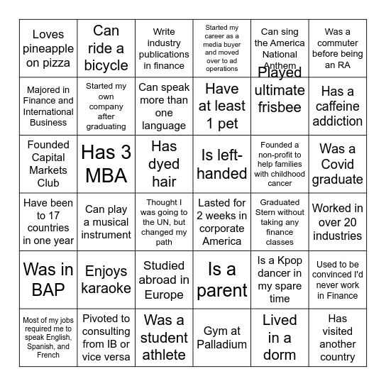 Stuco x Stern10 Networking Bingo Card
