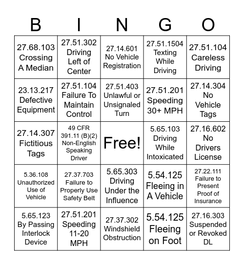 Traffic Bingo Card