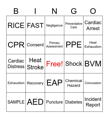 First Aid Bingo Card