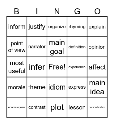 STAAR VOCABULARY BINGO Card