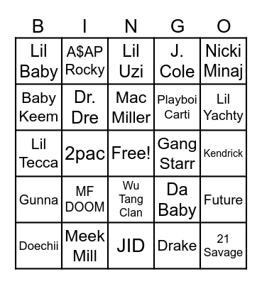 Rap Music Bingo Card