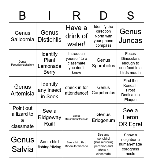 Natural History Bingo Card
