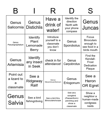 Natural History Bingo Card