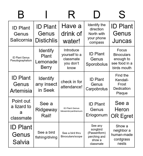 Natural History Bingo Card