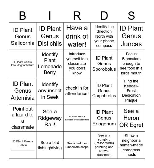 Natural History Bingo Card