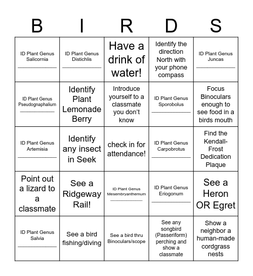 Natural History Bingo Card