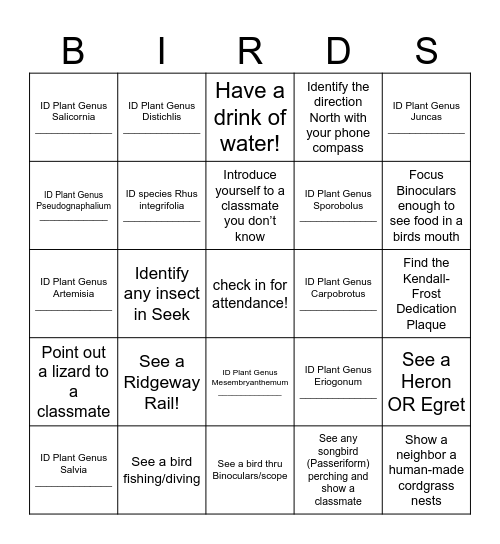 Natural History Bingo Card