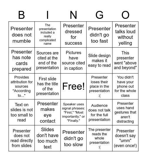 Presentation Bingo Card