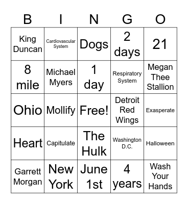 Vocabulary Stuff Bingo Card