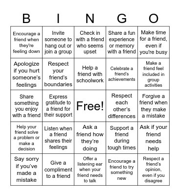 Healthy Friendship Bingo Card