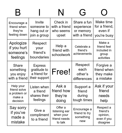Healthy Friendship Bingo Card
