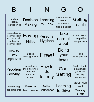 Life Skills Bingo Card