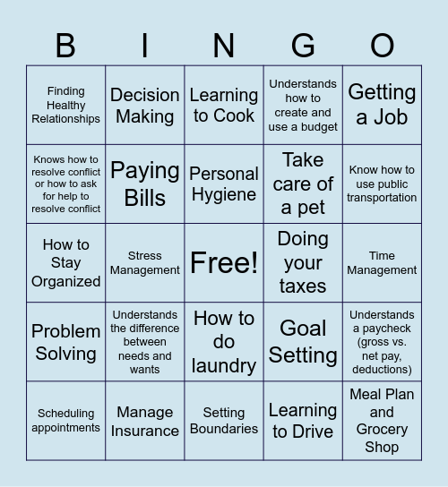 Life Skills Bingo Card