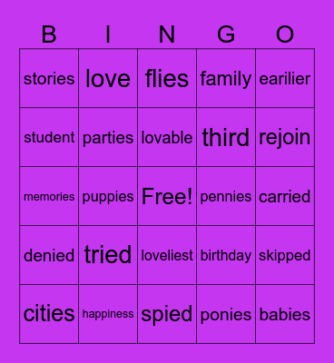 Spelling Bingo Card