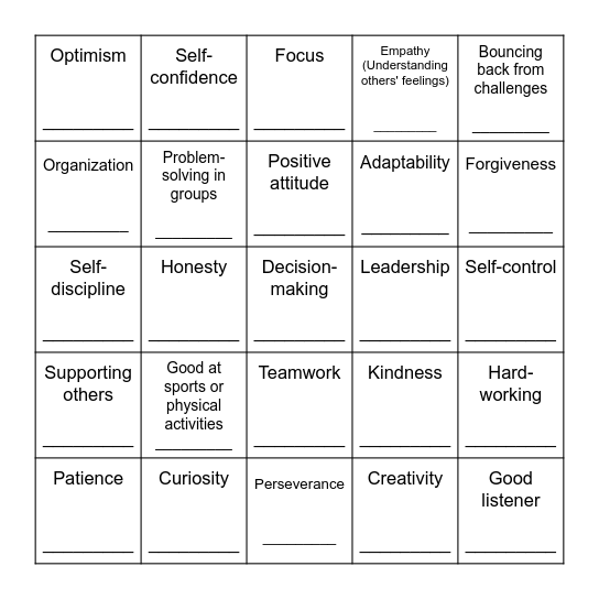 Strengths Scavenger Hunt Bingo Card