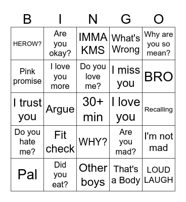Ben's Facetime Bingo Card