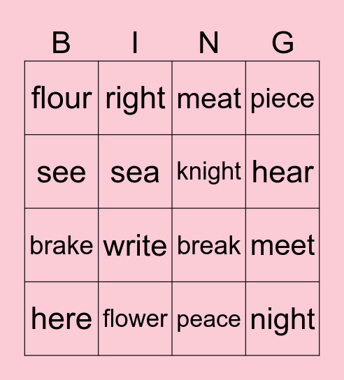 HOMOPHONES Bingo Card