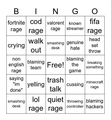 gamer rage Bingo Card