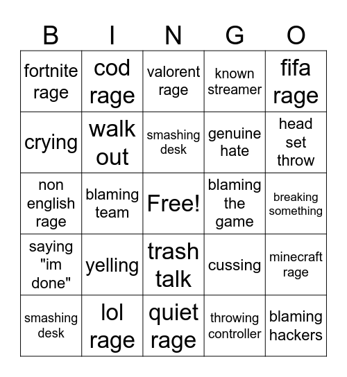 gamer rage Bingo Card
