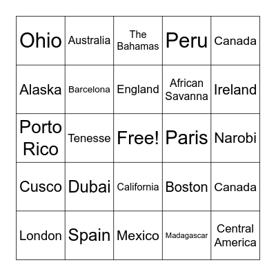 Around The World Bingo Card