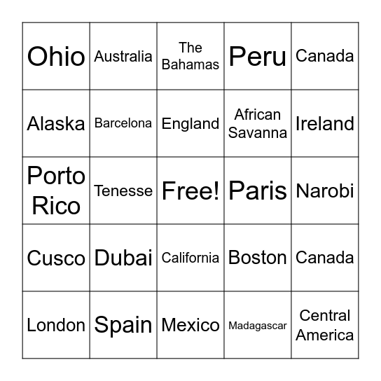 Around The World Bingo Card
