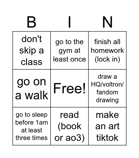 Weekly Goals Bingo Card