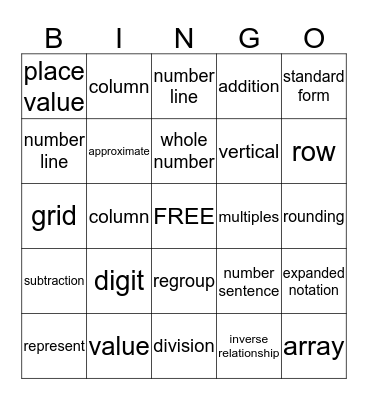Math Vocab Bingo Card