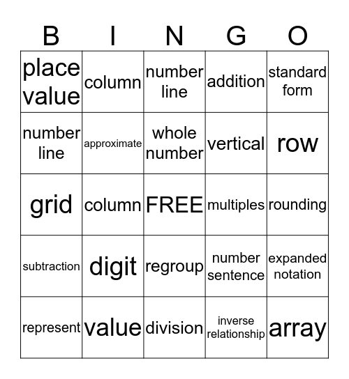 Math Vocab Bingo Card