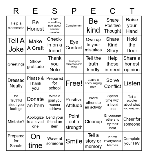 Respect Bingo Card