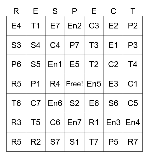 Respect Bingo Card