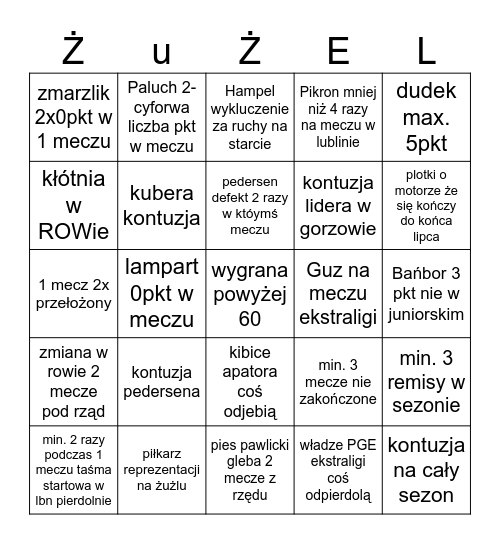 Żużlowe bingo Card