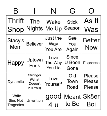 Hit Songs Bingo Card