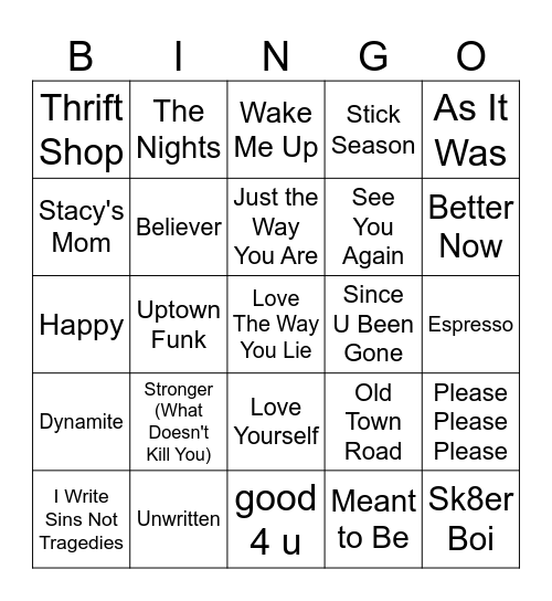Hit Songs Bingo Card