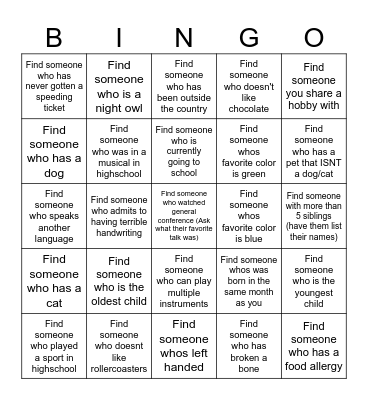 Get to Know You Bingo Card