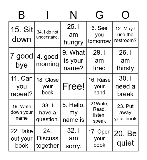 ELDA USEFUL PHRASES Bingo Card