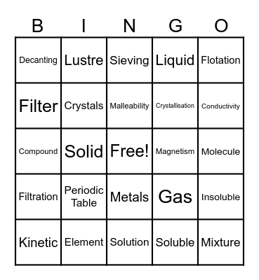 Matter and Mixtures Bingo Card