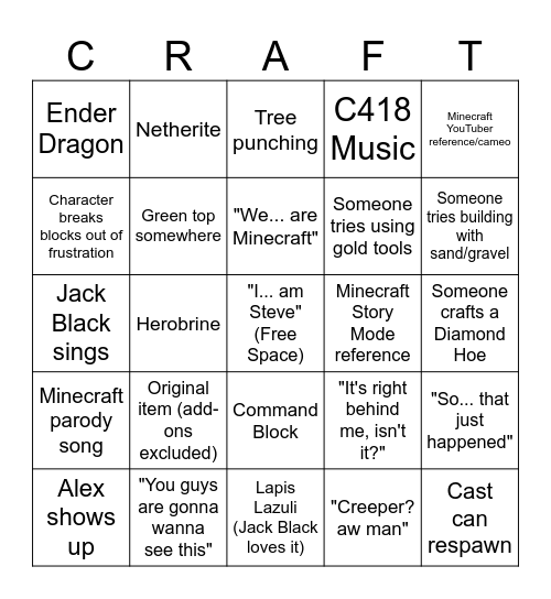 Minecraft Movie Bingo Card
