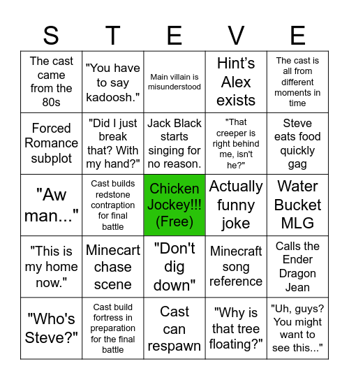 Minecraft Movie Bingo Card