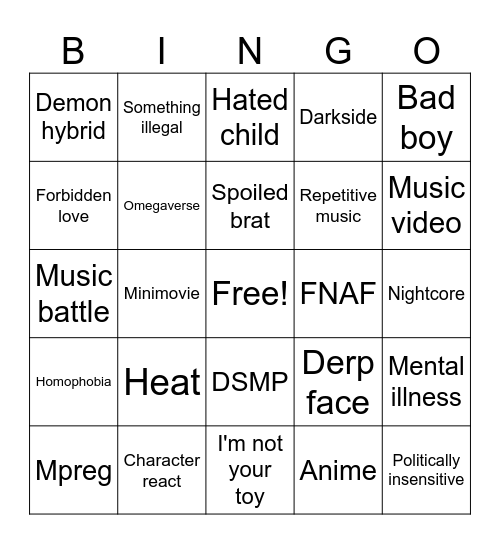 Gacha Cringe Bingo Card