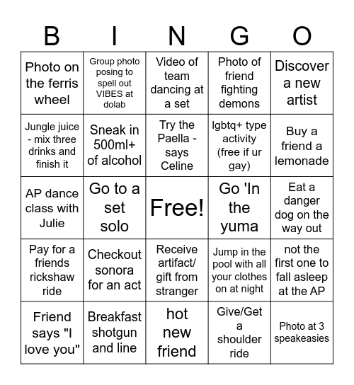 Coachella 2025 Bingo Card