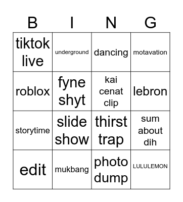 tiktok Bingo Card