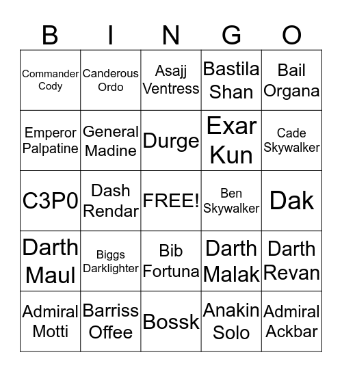 STAR WARS  Bingo Card