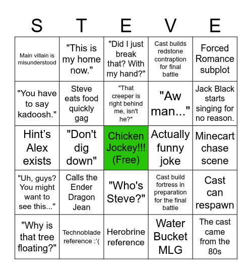 Minecraft Movie Bingo Card