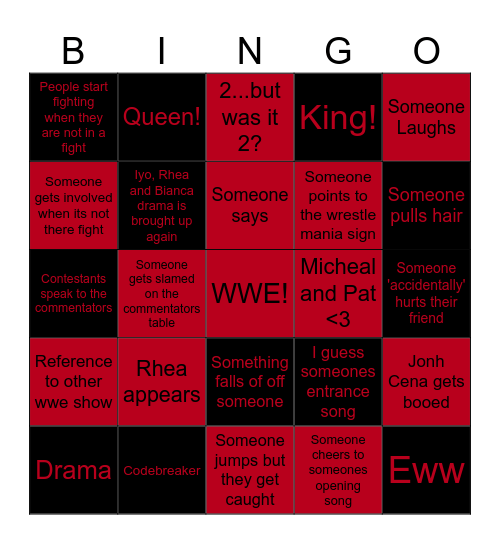 Monday night Raw Bingo Card