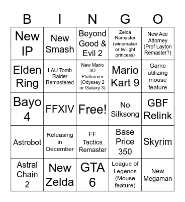 Nintendo Switch 2 Direct Bingo Card