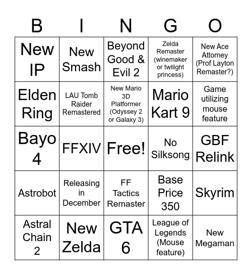 Nintendo Switch 2 Direct Bingo Card