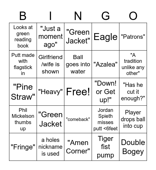 MASTERS BINGO Card