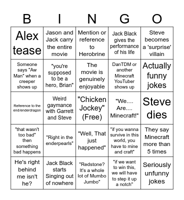 Minecraft Movie Bingo Card
